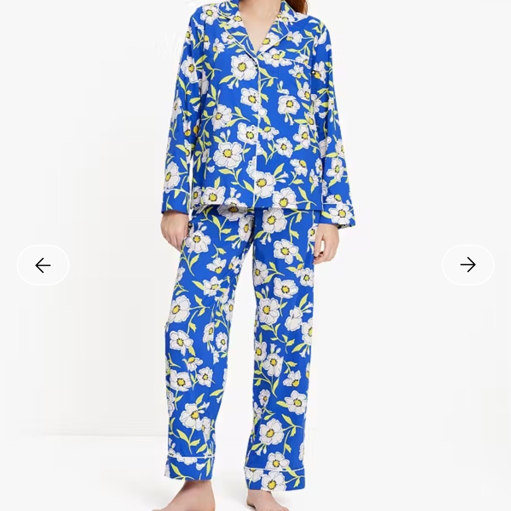 Kate Spade Sunshine Floral Pajama Set XS Blue White Button Up Long Sleeve PJ Set